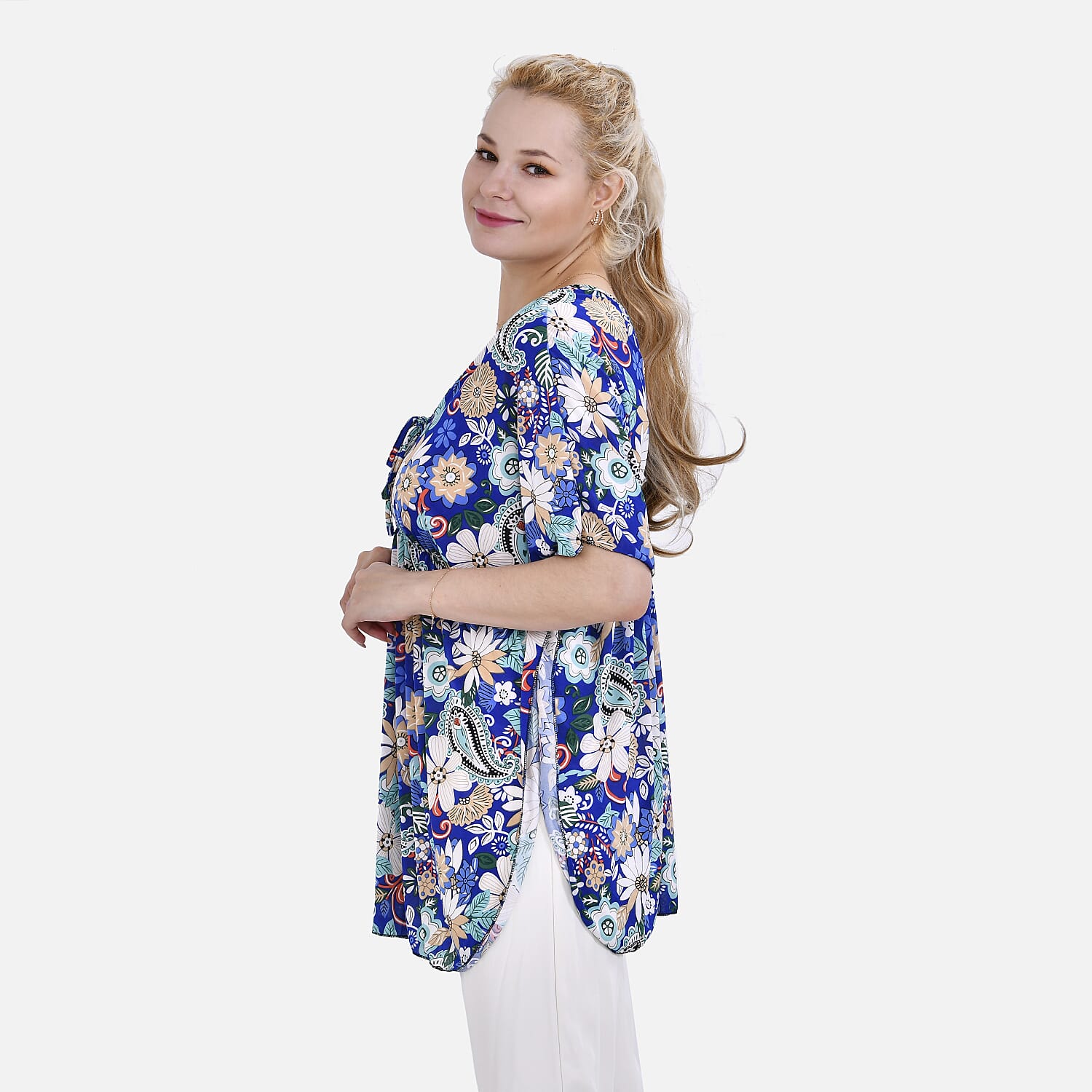 Tamsy Blue Paisley Floral V-neck Top with Kimono Style Arm - One Size Fits Most
