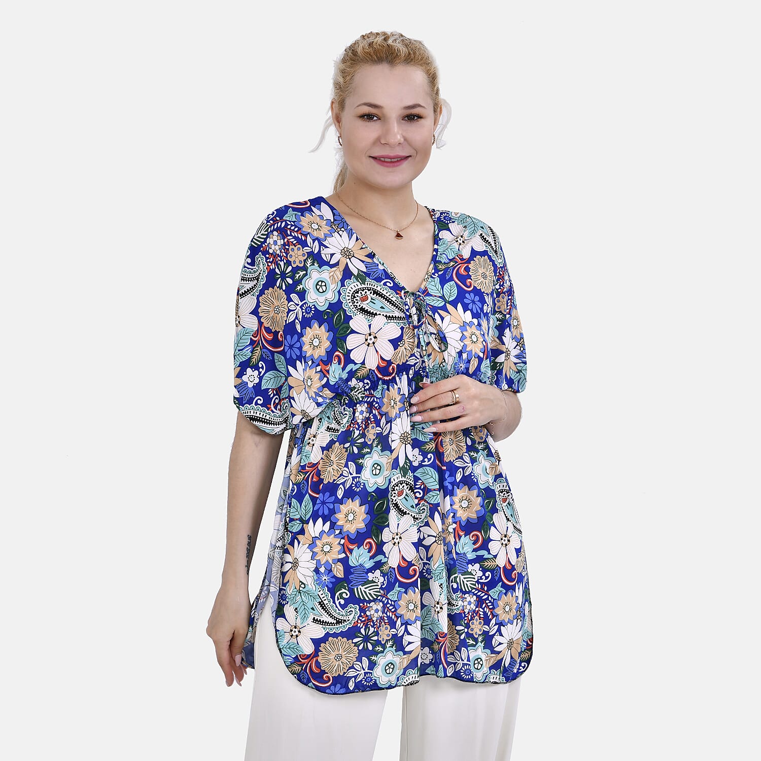 Tamsy Blue Paisley Floral V-neck Top with Kimono Style Arm - One Size Fits Most