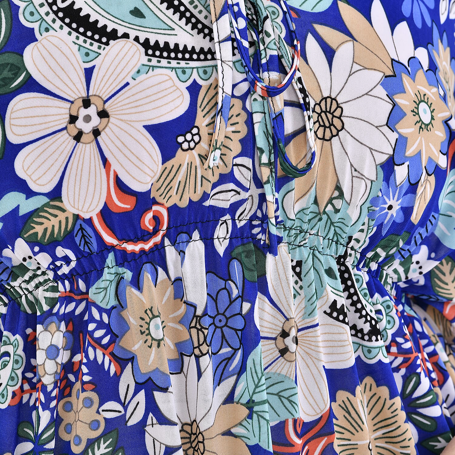 Tamsy Blue Paisley Floral V-neck Top with Kimono Style Arm - One Size Fits Most