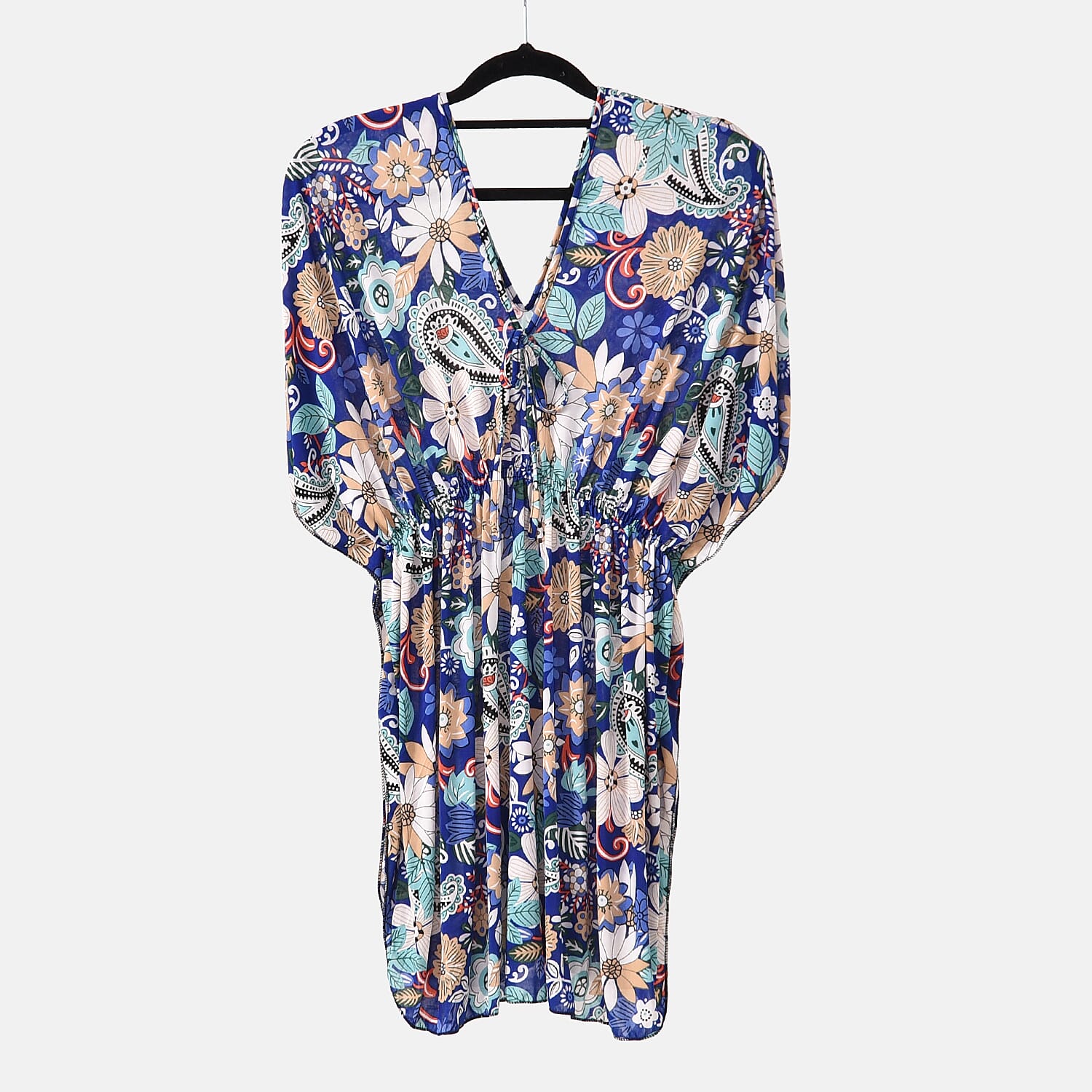 Tamsy Blue Paisley Floral V-neck Top with Kimono Style Arm - One Size Fits Most