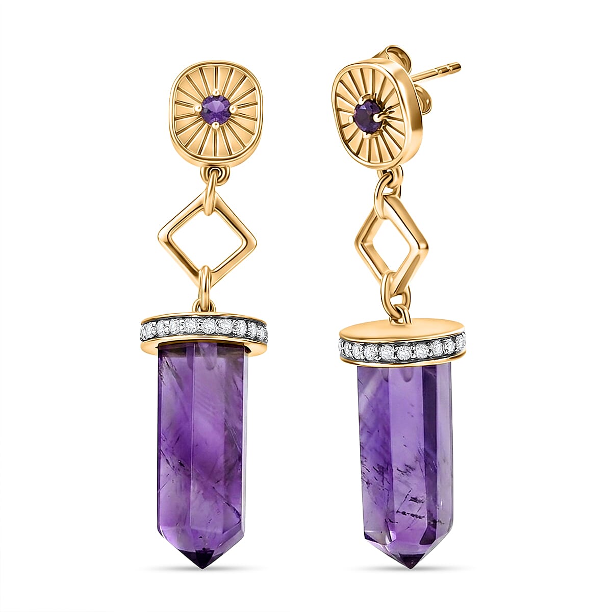Premium African Amethyst and White Zircon 20.60 ctw Earrings in 18K Vermeil Yellow Gold Over Sterling Silver