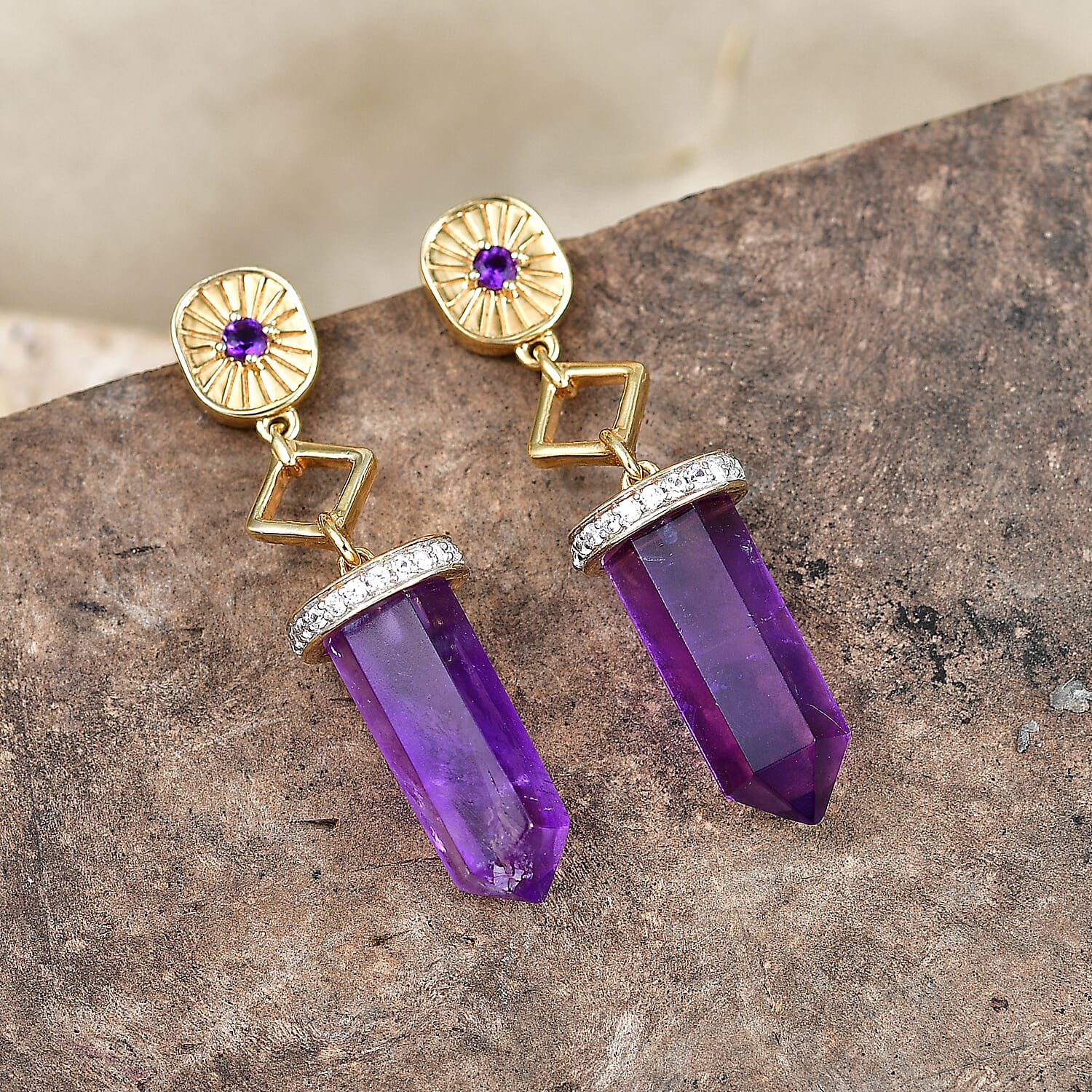 Premium African Amethyst and White Zircon 20.60 ctw Earrings in 18K Vermeil Yellow Gold Over Sterling Silver