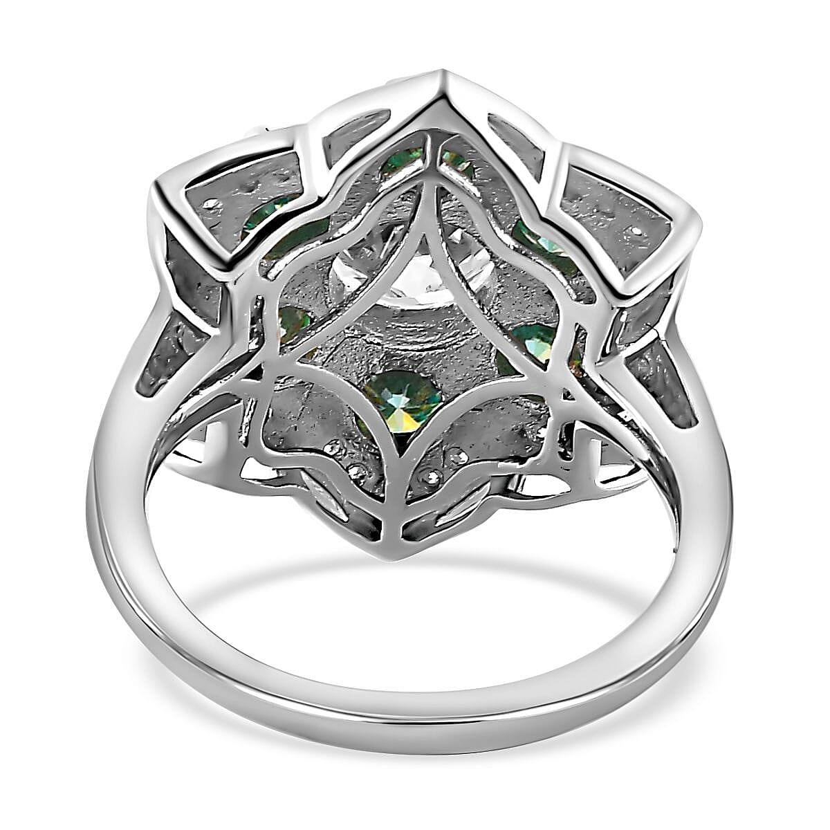 Shield Cut White and Blue Moissanite Floral Ring in Platinum Over Sterling Silver (Size 10.0) 2.75 ctw