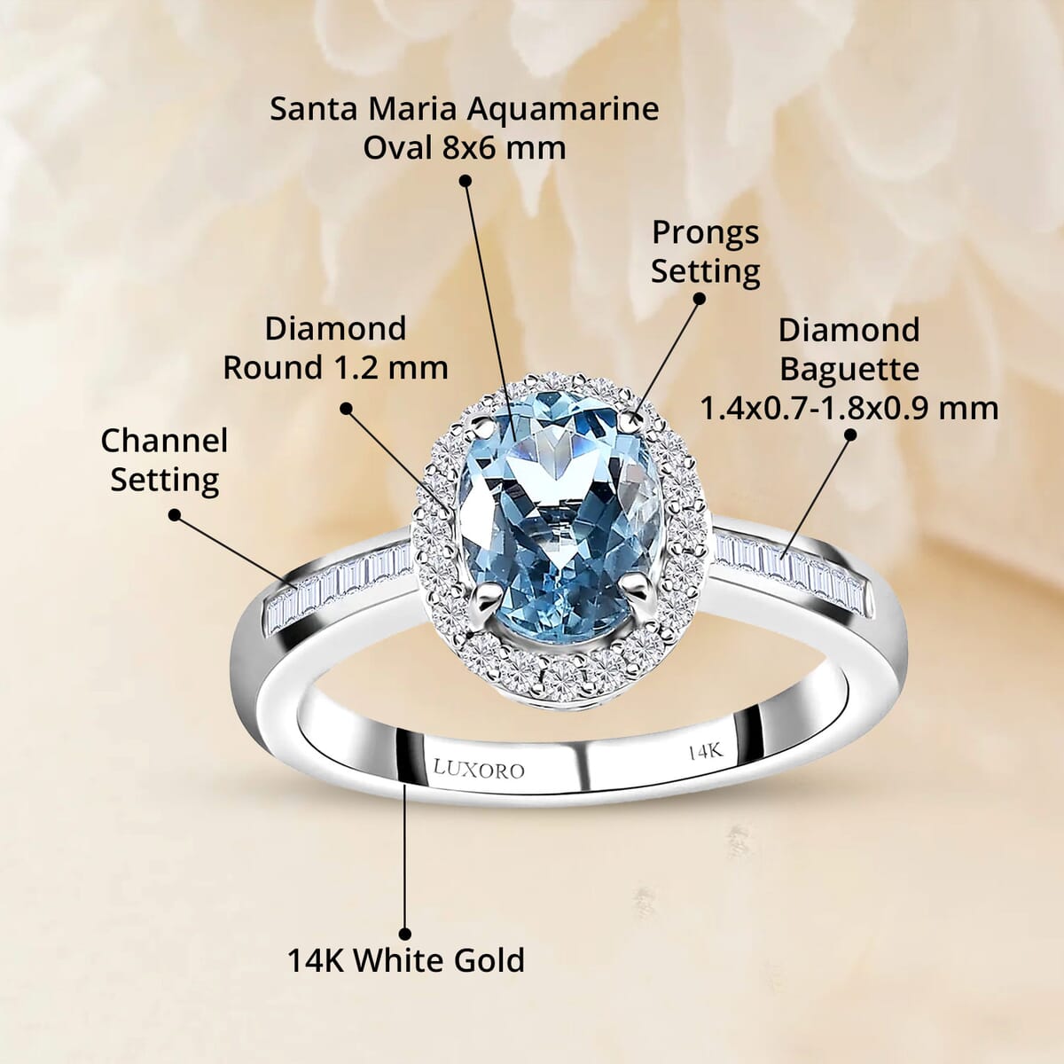 Luxoro AAA Santa Maria Aquamarine and G-H I2 Diamond 1.50 ctw Halo Ring in 14K White Gold (Size 10.5) image number 4