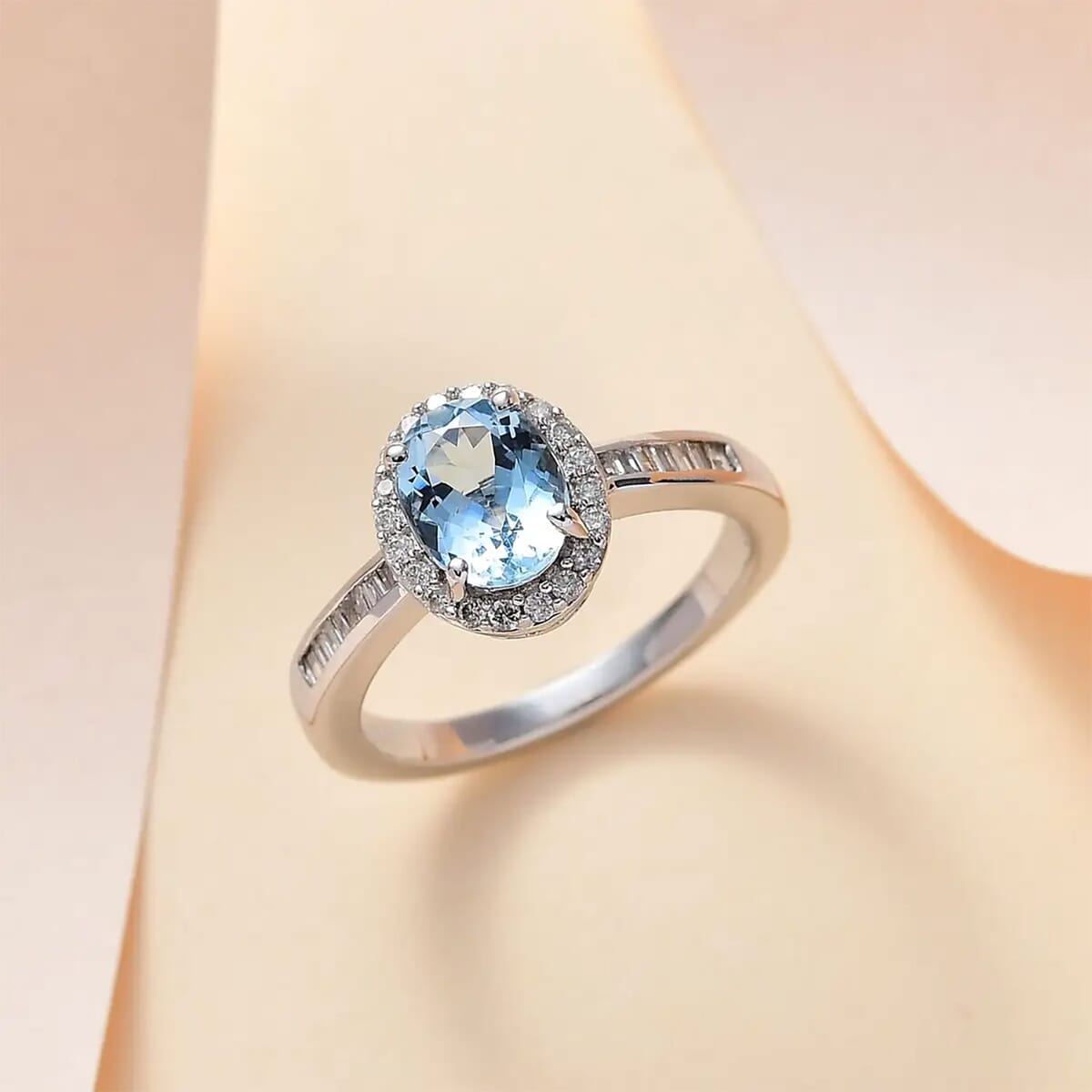 Luxoro AAA Santa Maria Aquamarine and G-H I2 Diamond 1.50 ctw Halo Ring in 14K White Gold (Size 9.5) image number 1