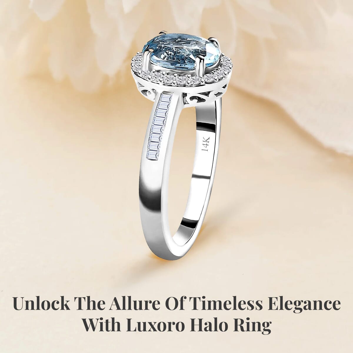 Luxoro AAA Santa Maria Aquamarine and G-H I2 Diamond 1.50 ctw Halo Ring in 14K White Gold (Size 9.5) image number 2