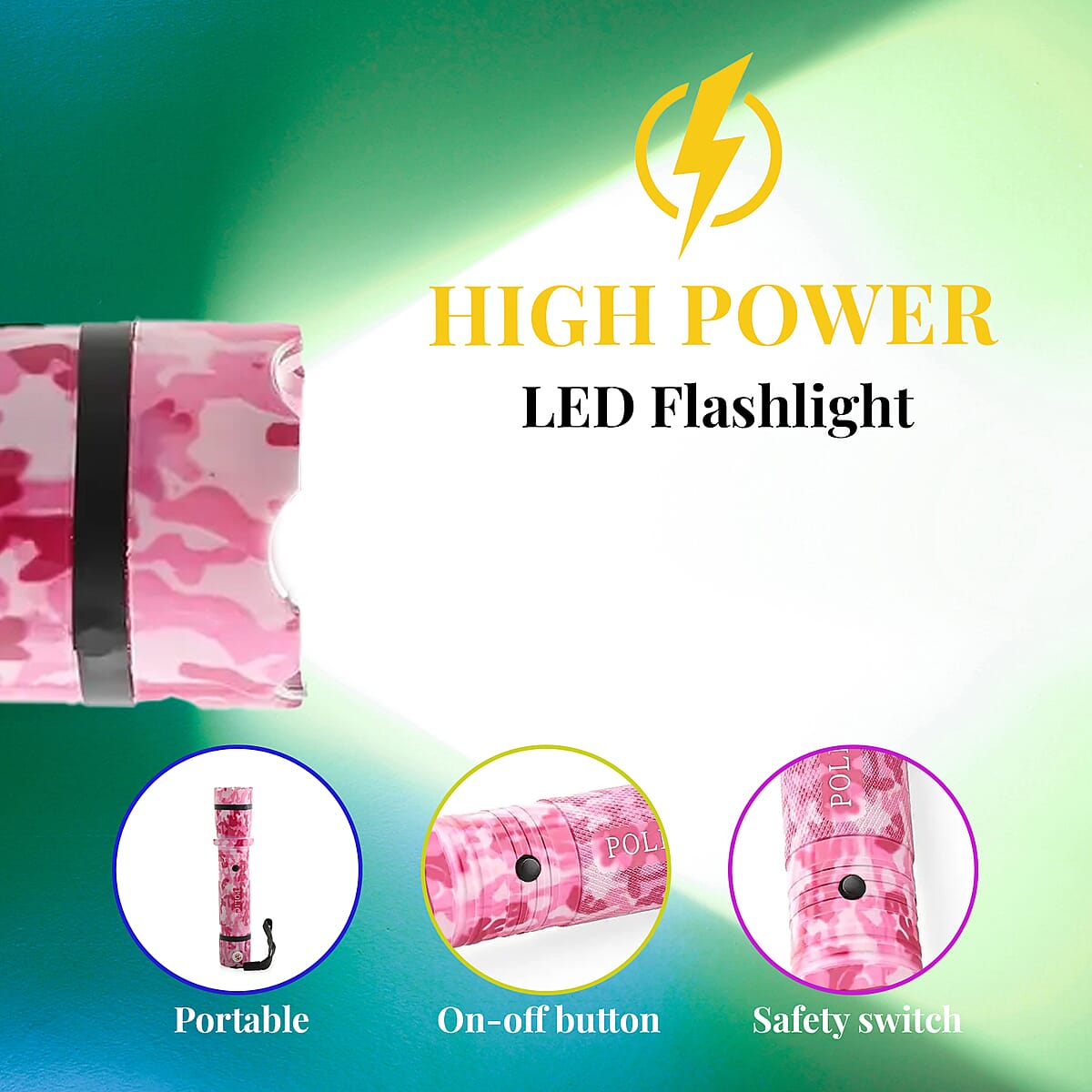 CLOSOUT Pink Camo Personal Protection USB Rechargeable Stun Gun With High Power LED Flashlight, Personal Self Defense Tool With Safety Switch image number 1