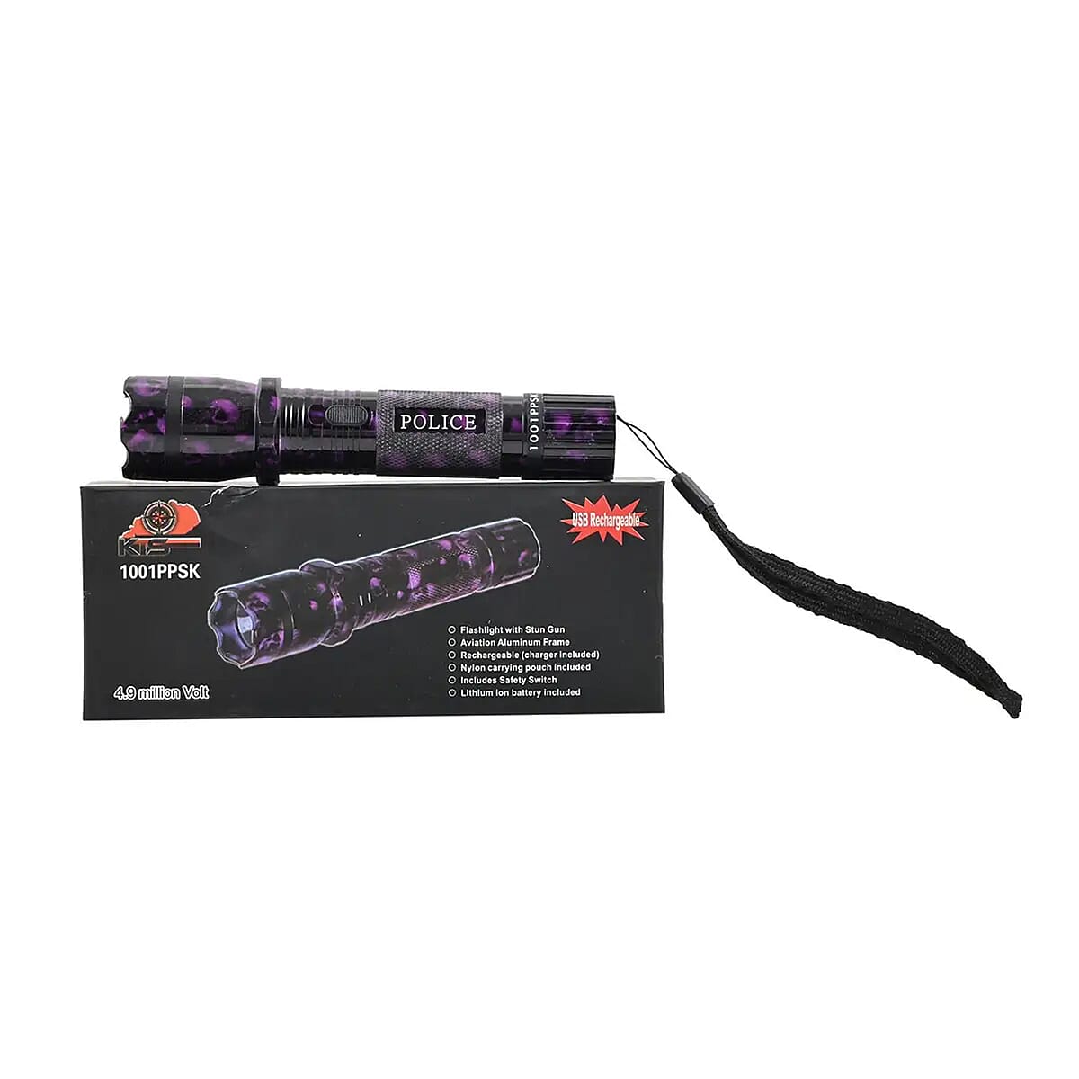 Closeout Personal Protection Purple Skull Pattern LED Flashlight with Stun Gun image number 0