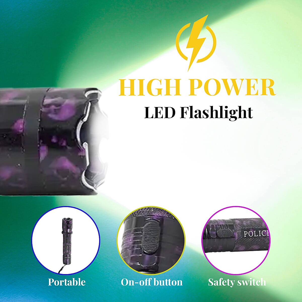 Closeout Personal Protection Purple Skull Pattern LED Flashlight with Stun Gun image number 1