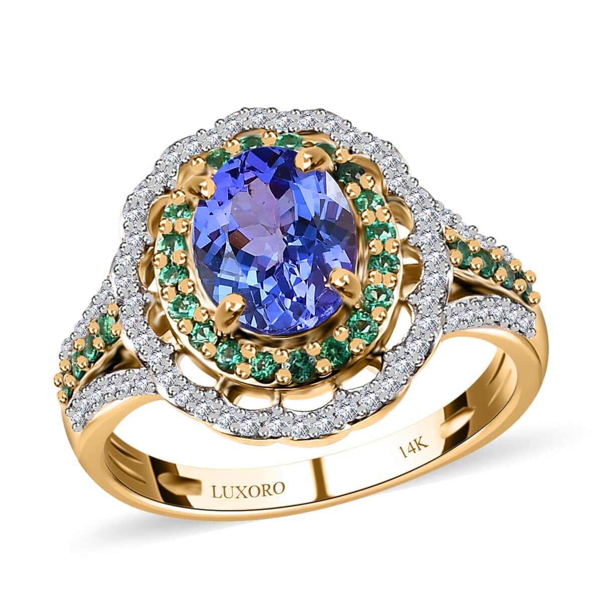 Luxoro 14K Yellow Gold Premium Tanzanite and Boyaca Colombian Emerald, Diamond G-H I3 Double Halo Ring (Size 6.5) 5 Grams 3.15 ctw image number 0