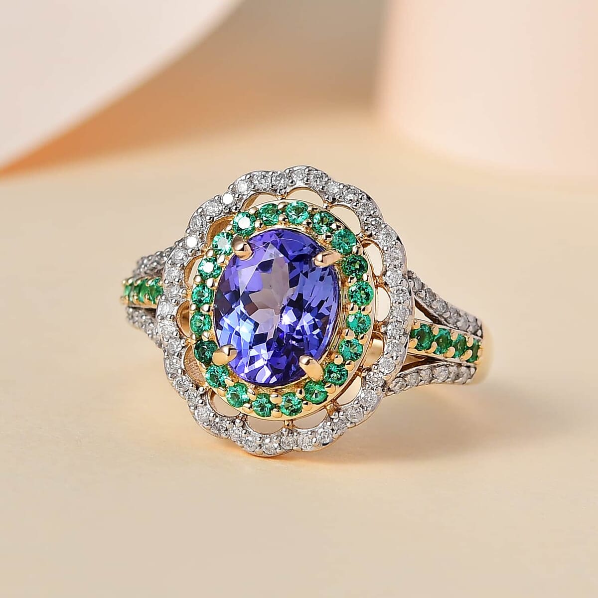 Luxoro 14K Yellow Gold Premium Tanzanite and Boyaca Colombian Emerald, Diamond G-H I3 Double Halo Ring (Size 6.5) 5 Grams 3.15 ctw image number 1