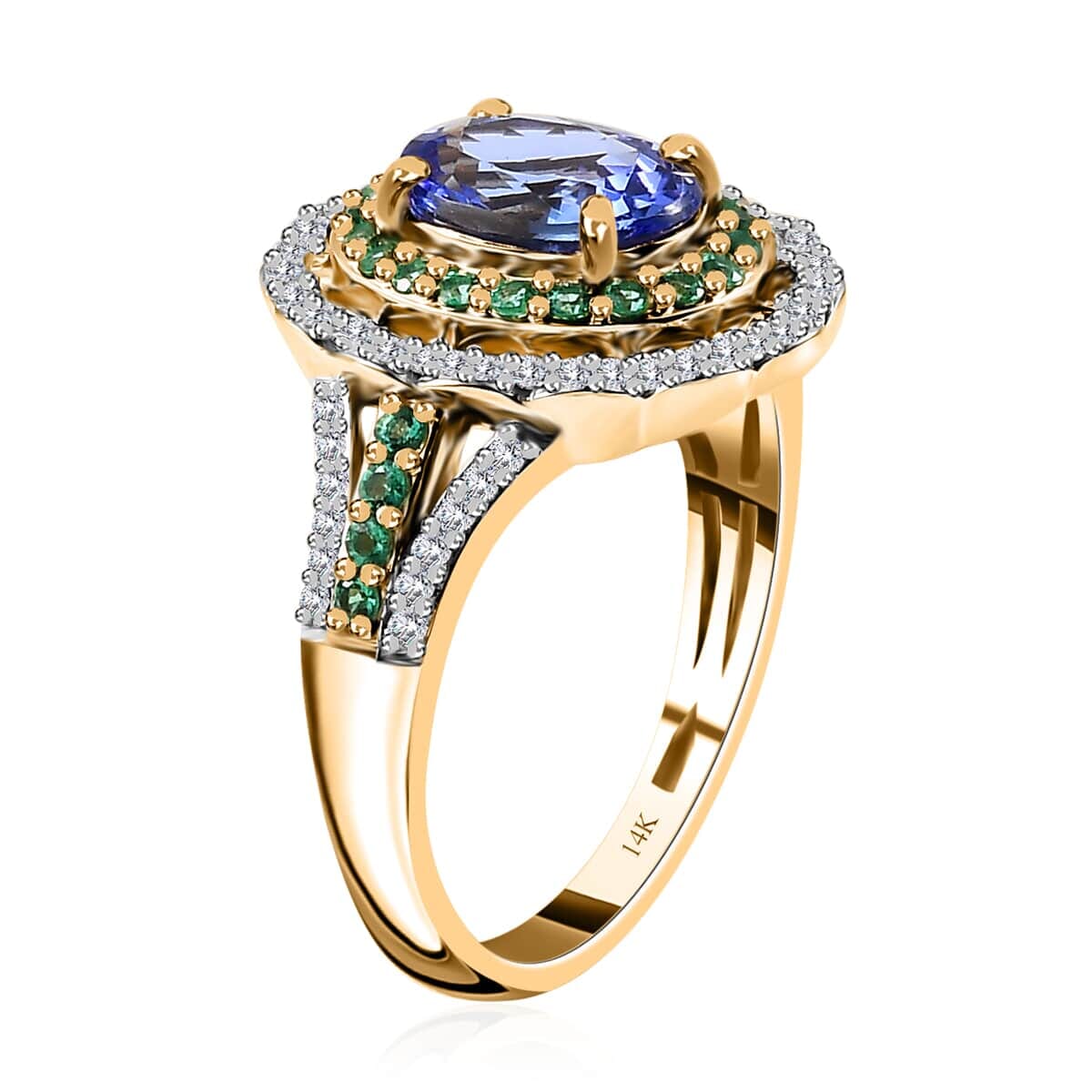 Luxoro 14K Yellow Gold Premium Tanzanite and Boyaca Colombian Emerald, Diamond G-H I3 Double Halo Ring (Size 6.5) 5 Grams 3.15 ctw image number 3