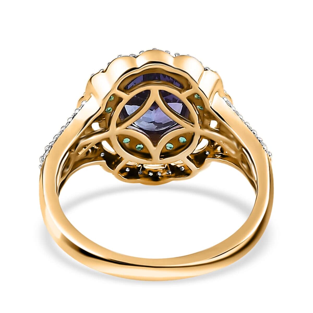 Luxoro 14K Yellow Gold Premium Tanzanite and Boyaca Colombian Emerald, Diamond G-H I3 Double Halo Ring (Size 6.5) 5 Grams 3.15 ctw image number 4
