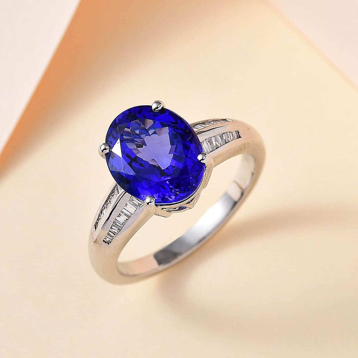 Rhapsody 950 Platinum AAAA Tanzanite and E-F VS2 Diamond Ring (Size 6.5) 7.65 Grams 5.20 ctw image number 1