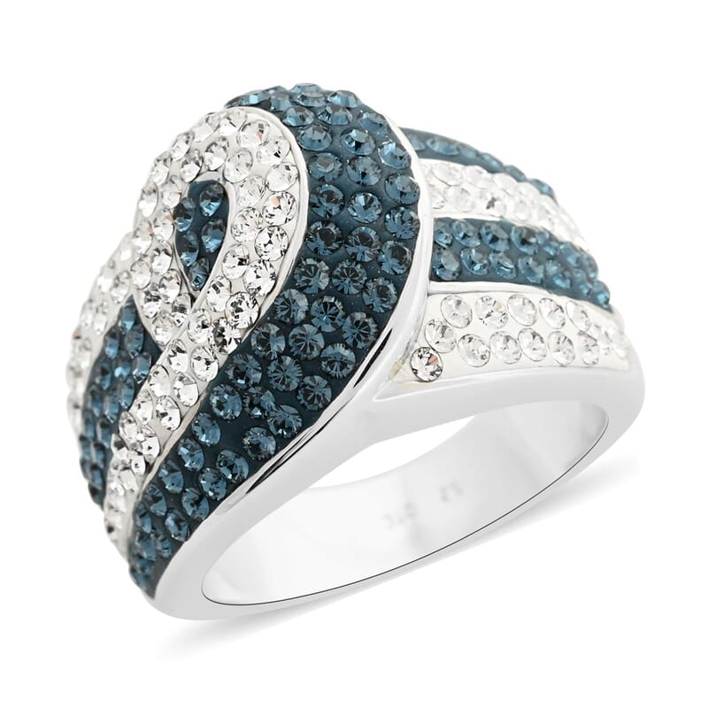 Blue and White Austrian Crystal Ring in Silvertone (Size 8.0)