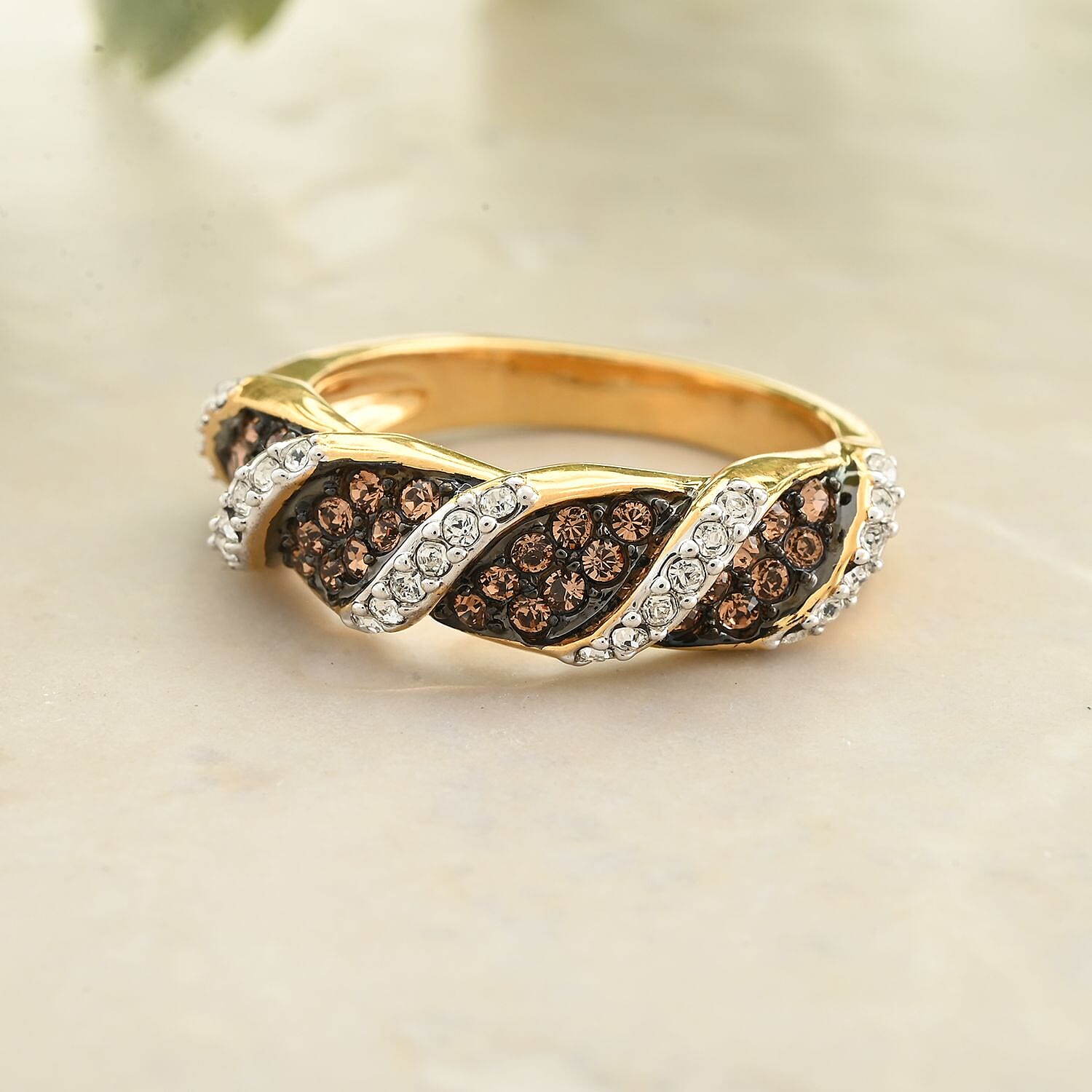 Champagne and White Crystal Ring in Goldtone (Size 7.0)