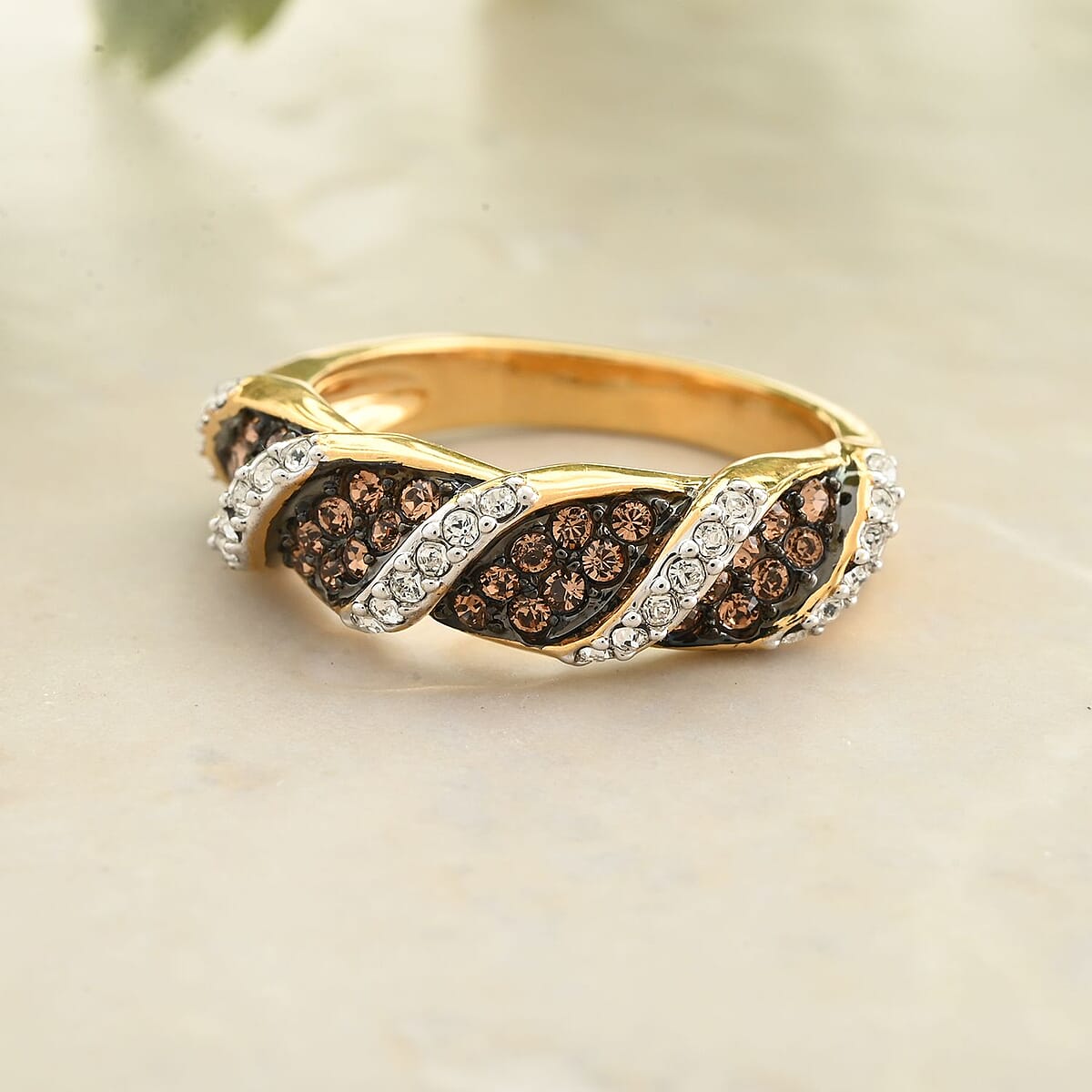 Champagne and White Crystal Ring in Goldtone (Size 7.0) image number 1