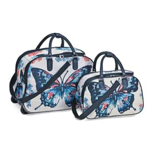 Set of 2 Beige with Butterfly Travel Bag - Large Wheeled Rolling Duffel Bag and Small Duffel Bag