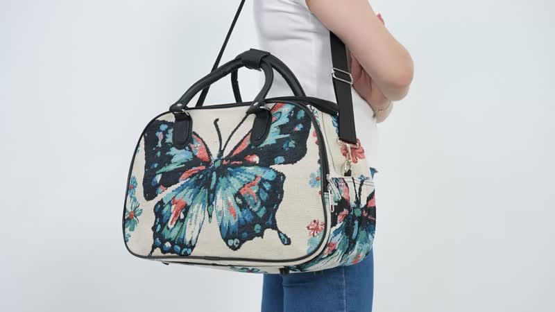 Set of 2 Beige with Butterfly Travel Bag - Large Wheeled Rolling Duffel Bag (21.2"x12.9"x14") and Small Duffel Bag (16"x7.9"x10.6")