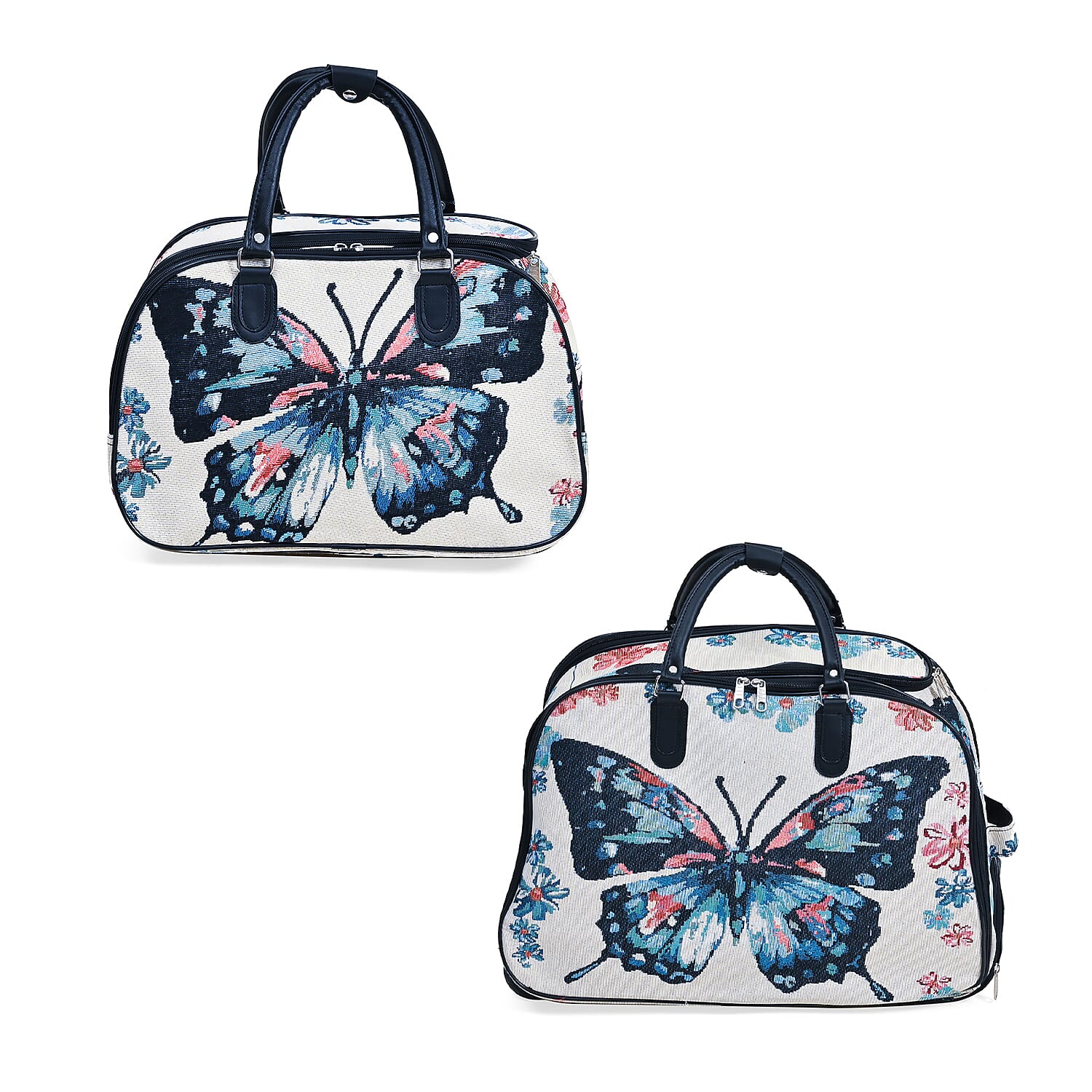 Set of 2 Beige with Butterfly Travel Bag - Large Wheeled Rolling Duffel Bag and Small Duffel Bag
