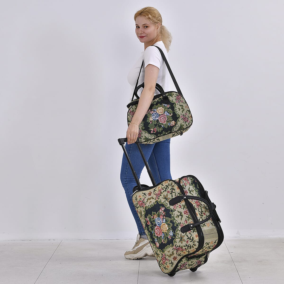 Set of 2 Beige with Flower Travel Bag - Large Wheeled Rolling Duffel Bag and Small Duffel Bag image number 1