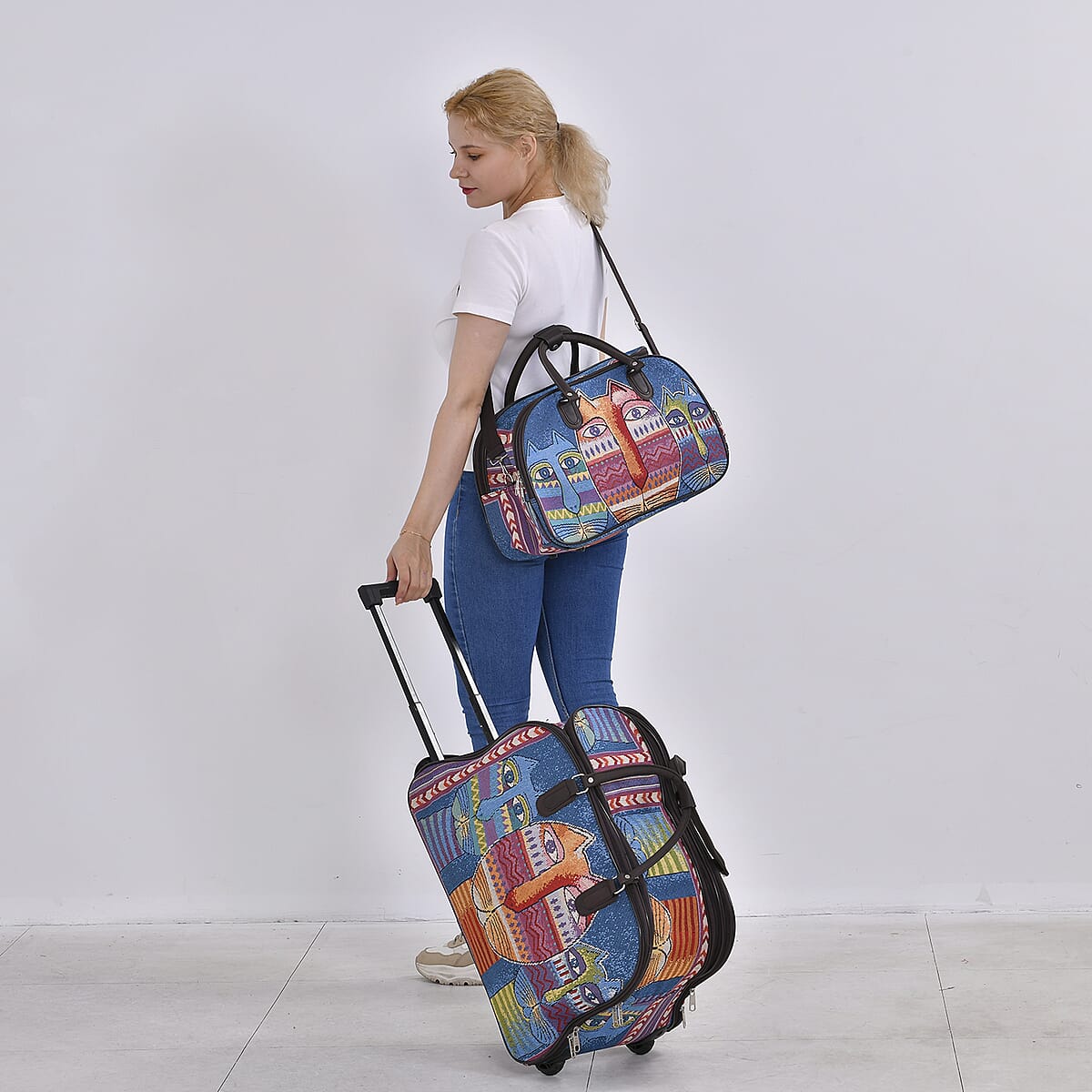 Set of 2 Blue with 3 Cat Travel Bag - Large Wheeled Rolling Duffel Bag and Small Duffel Bag image number 1