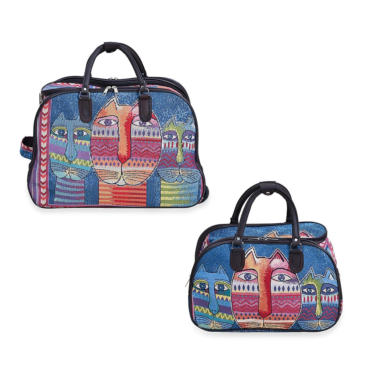 Set of 2 Blue with 3 Cat Travel Bag - Large Wheeled Rolling Duffel Bag and Small Duffel Bag image number 3