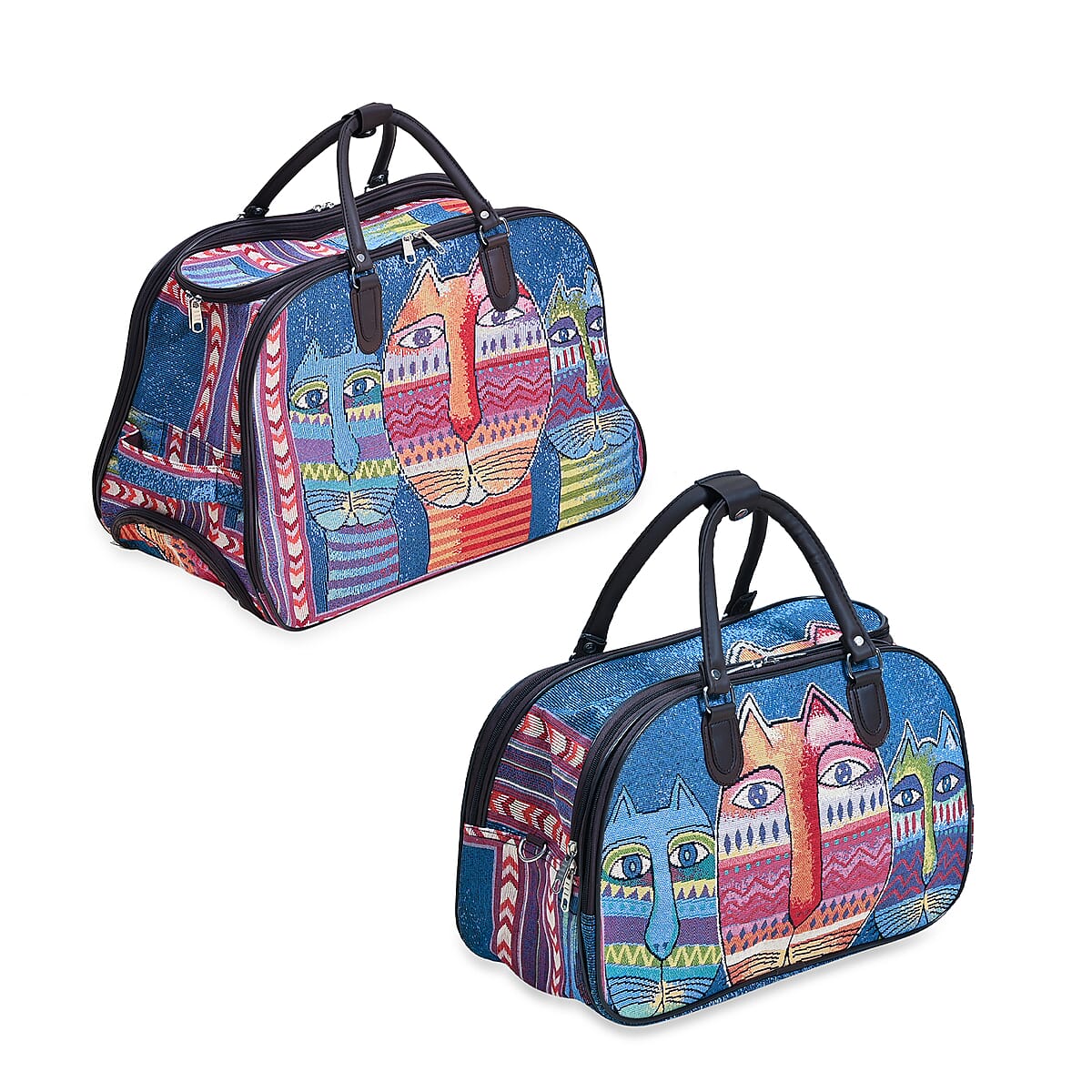 Set of 2 Blue with 3 Cat Travel Bag - Large Wheeled Rolling Duffel Bag and Small Duffel Bag image number 4