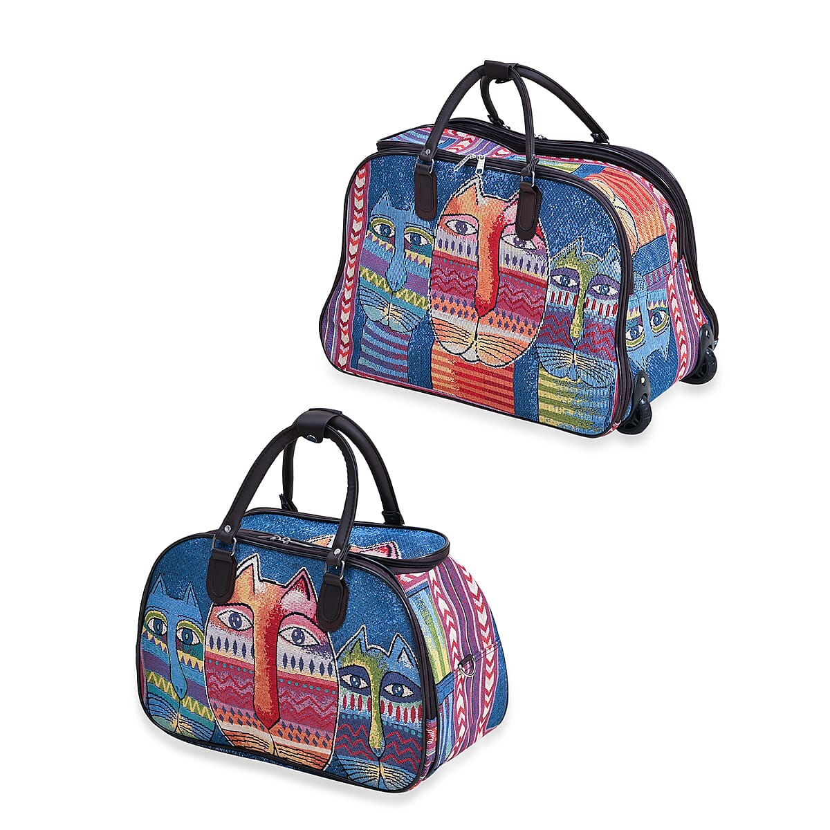 Set of 2 Blue with 3 Cat Travel Bag - Large Wheeled Rolling Duffel Bag and Small Duffel Bag image number 5