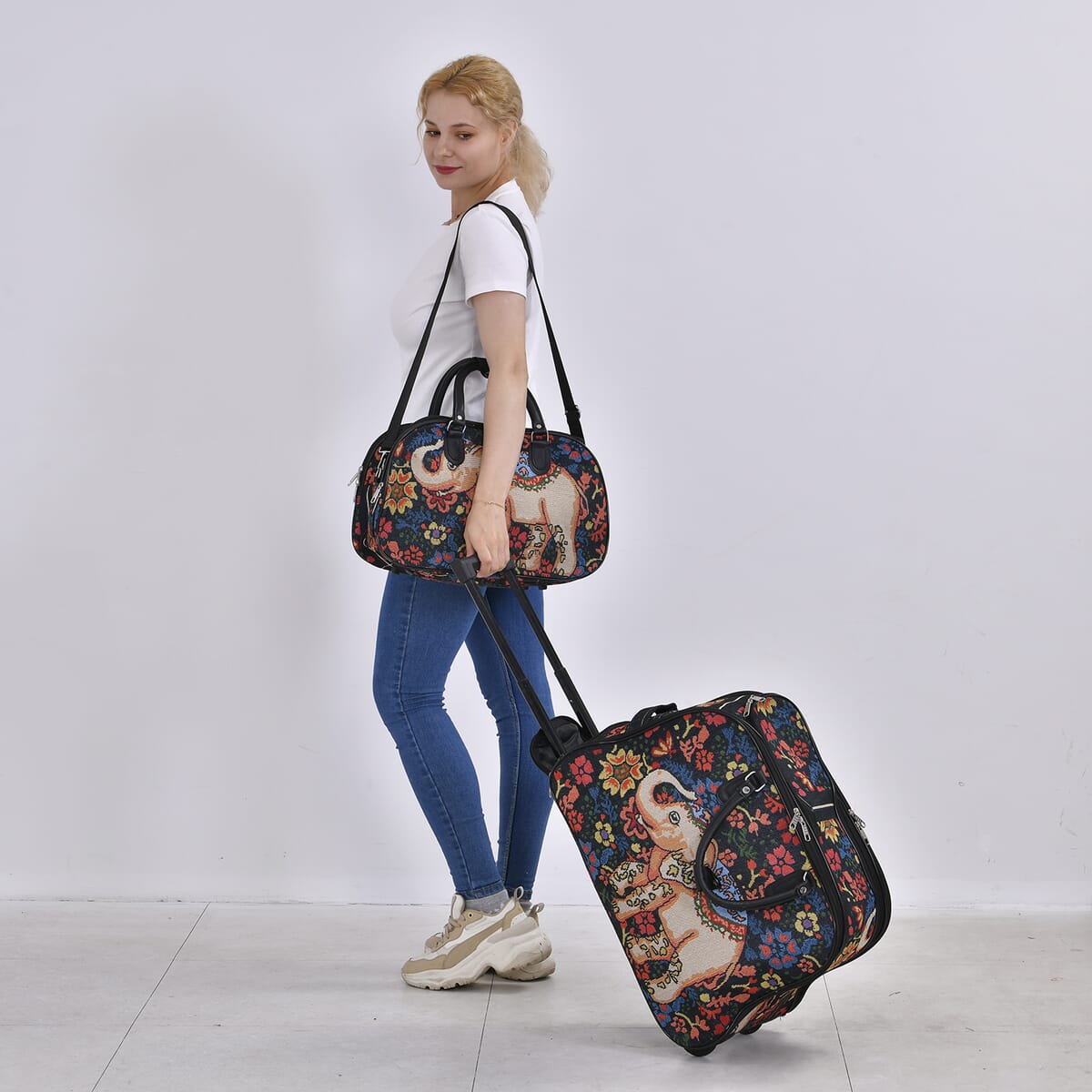 Set of 2 Multi Color with Elephant Travel Bag - Large Wheeled Rolling Duffel Bag and Small Duffel Bag image number 1