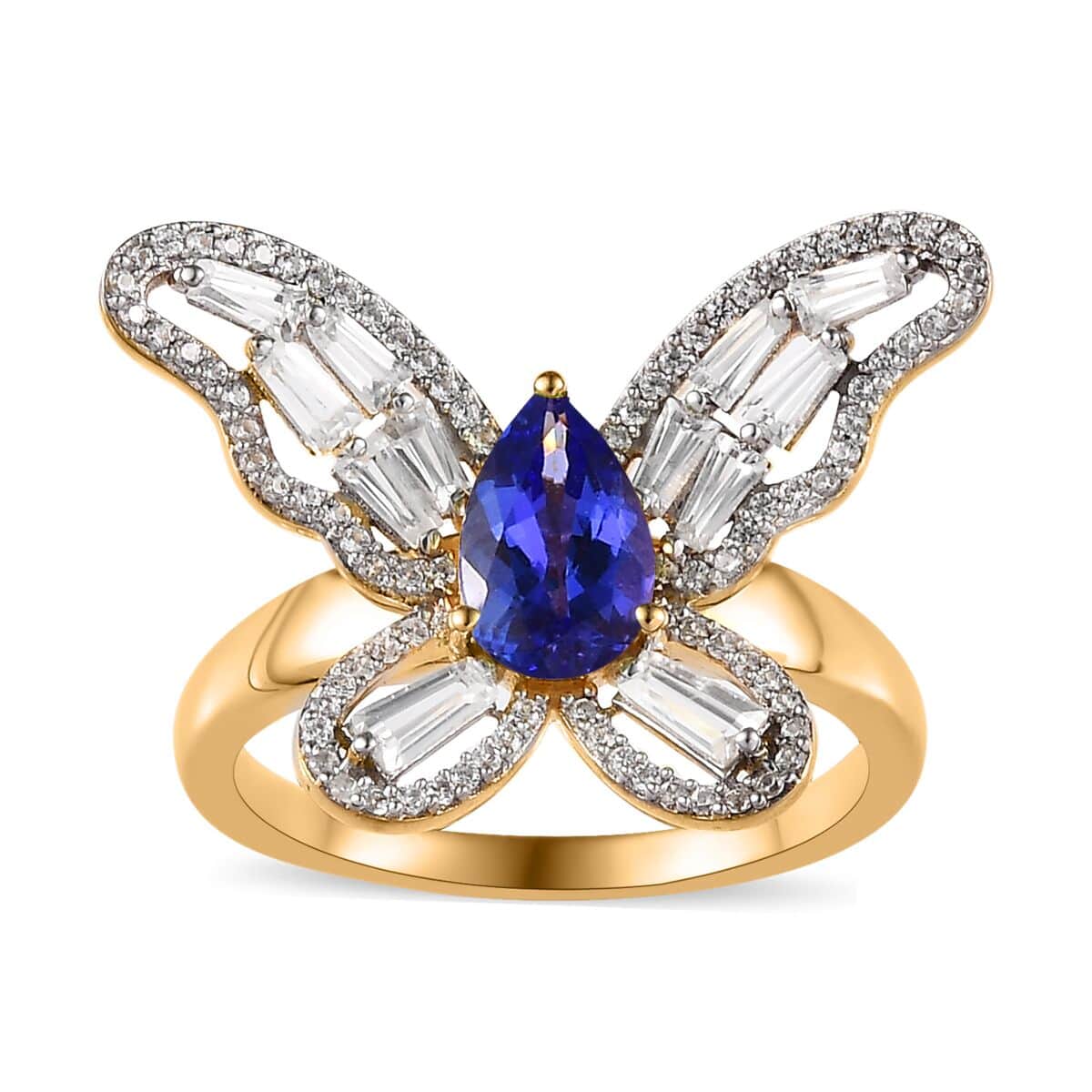 GP Tanzanite and White Zircon Butterfly Ring in Vermeil Yellow Gold Over Sterling Silver (Size 6.0) 2.50 ctw image number 0
