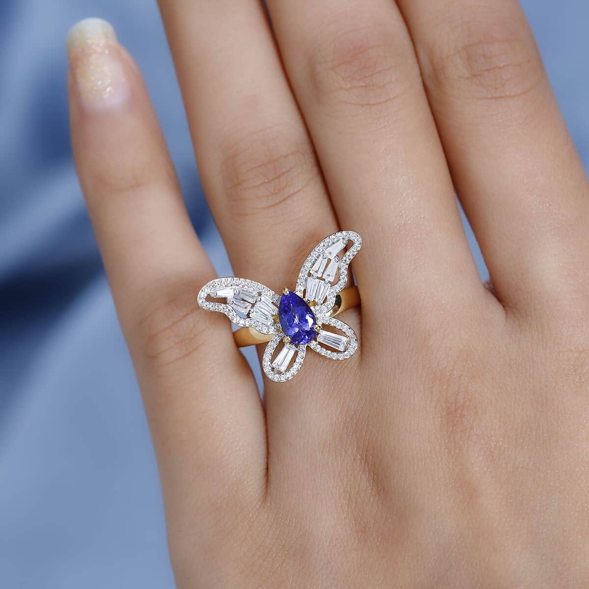 GP Tanzanite and White Zircon Butterfly Ring in Vermeil Yellow Gold Over Sterling Silver (Size 6.0) 2.50 ctw image number 2
