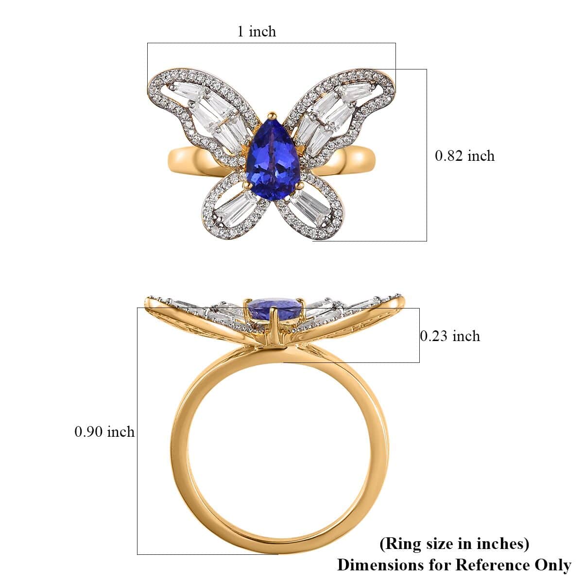 GP Tanzanite and White Zircon Butterfly Ring in Vermeil Yellow Gold Over Sterling Silver (Size 6.0) 2.50 ctw image number 5