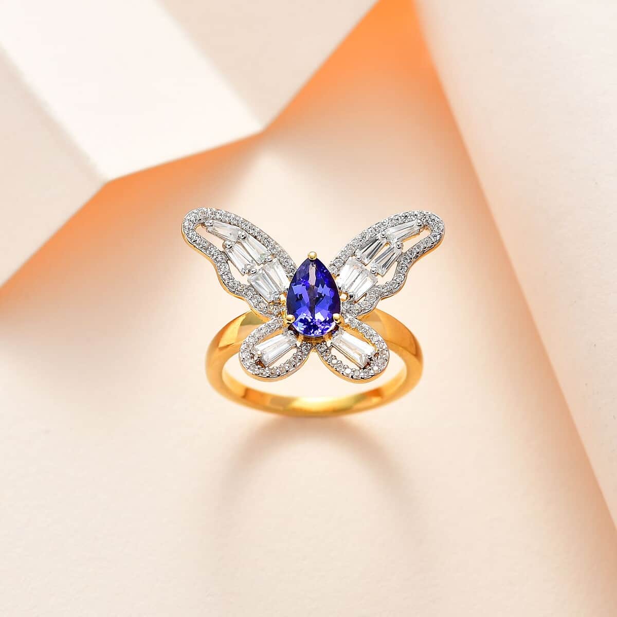 GP Tanzanite and White Zircon Butterfly Ring in Vermeil Yellow Gold Over Sterling Silver (Size 7.0) 2.50 ctw image number 1