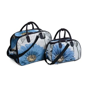 Set of 2 Beige with Blue Flower Travel Bag - Large Wheeled Rolling Duffel Bag and Small Duffel Bag