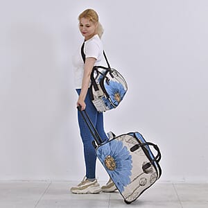 Set of 2 Beige with Blue Flower Travel Bag - Large Wheeled Rolling Duffel Bag and Small Duffel Bag
