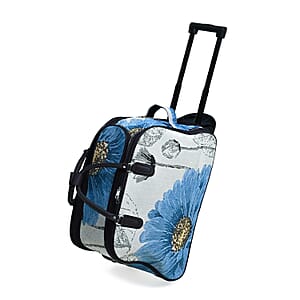 Set of 2 Beige with Blue Flower Travel Bag - Large Wheeled Rolling Duffel Bag and Small Duffel Bag