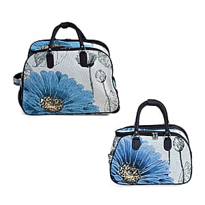 Set of 2 Beige with Blue Flower Travel Bag - Large Wheeled Rolling Duffel Bag and Small Duffel Bag