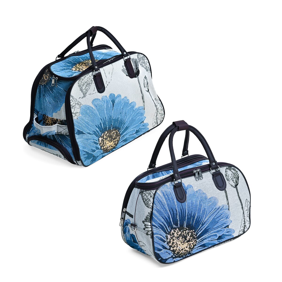 Set of 2 Beige with Blue Flower Travel Bag - Large Wheeled Rolling Duffel Bag and Small Duffel Bag image number 4