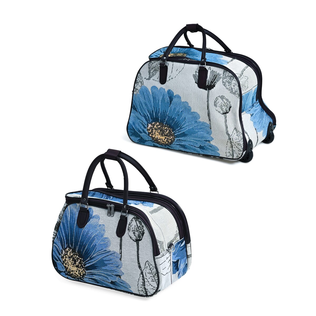 Set of 2 Beige with Blue Flower Travel Bag - Large Wheeled Rolling Duffel Bag and Small Duffel Bag image number 5