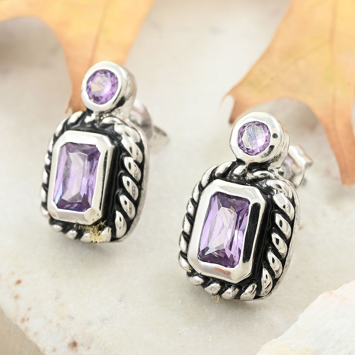 Purple Austrian Crystal Earrings in Silvertone