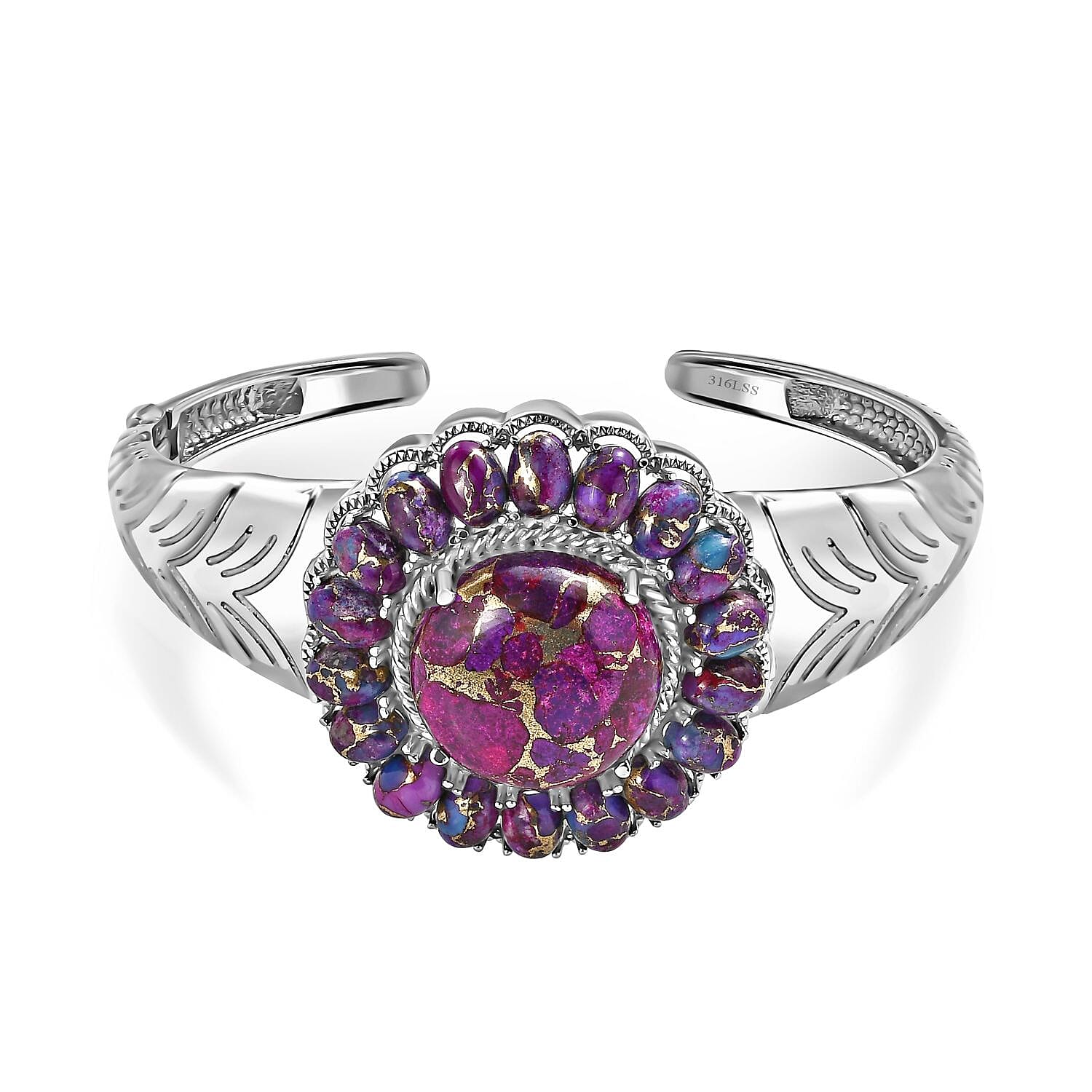 Mojave Purple Turquoise 34.30 ctw Cuff Bracelet in Stainless Steel (7.50 In)