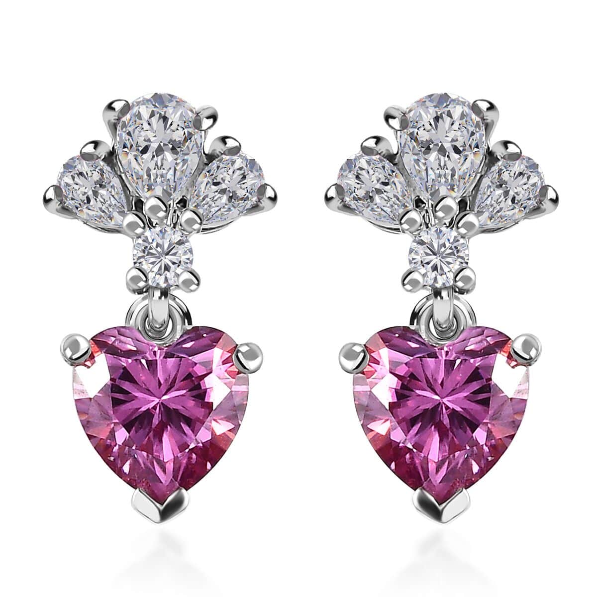 Pink and White Moissanite Dangling Earrings in Platinum Over Sterling Silver 2.30 ctw image number 0