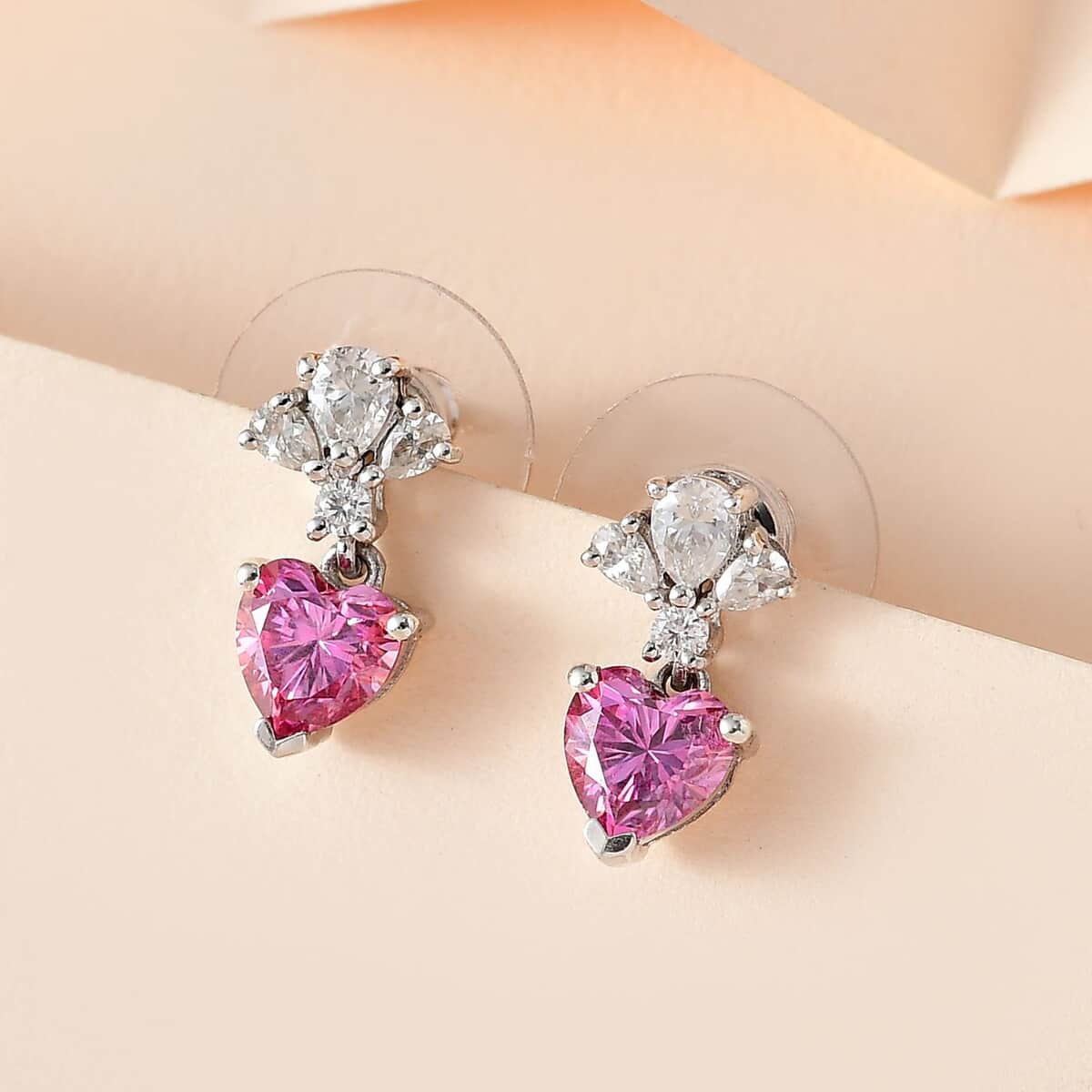 Pink and White Moissanite Dangling Earrings in Platinum Over Sterling Silver 2.30 ctw image number 1