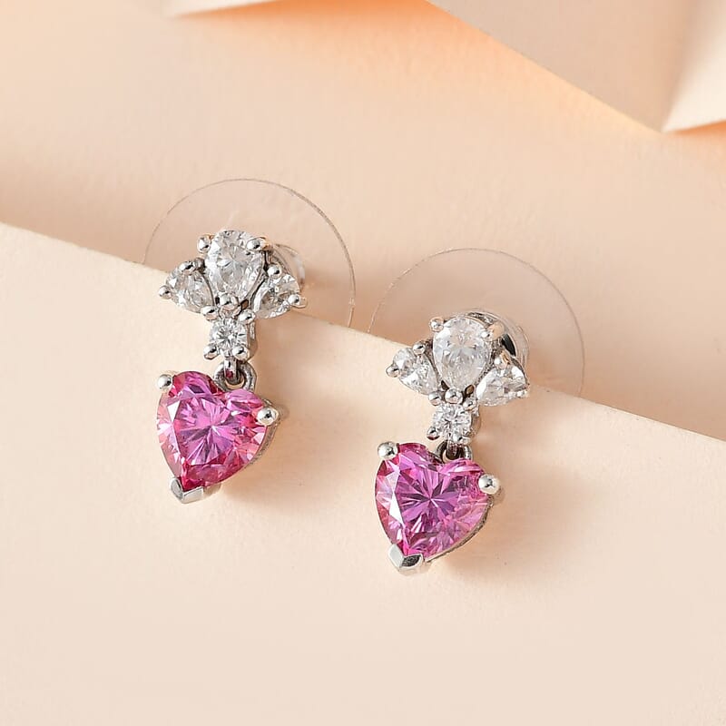 Pink and White Moissanite 2.30 ctw Dangling Earrings in Platinum Over Sterling Silver