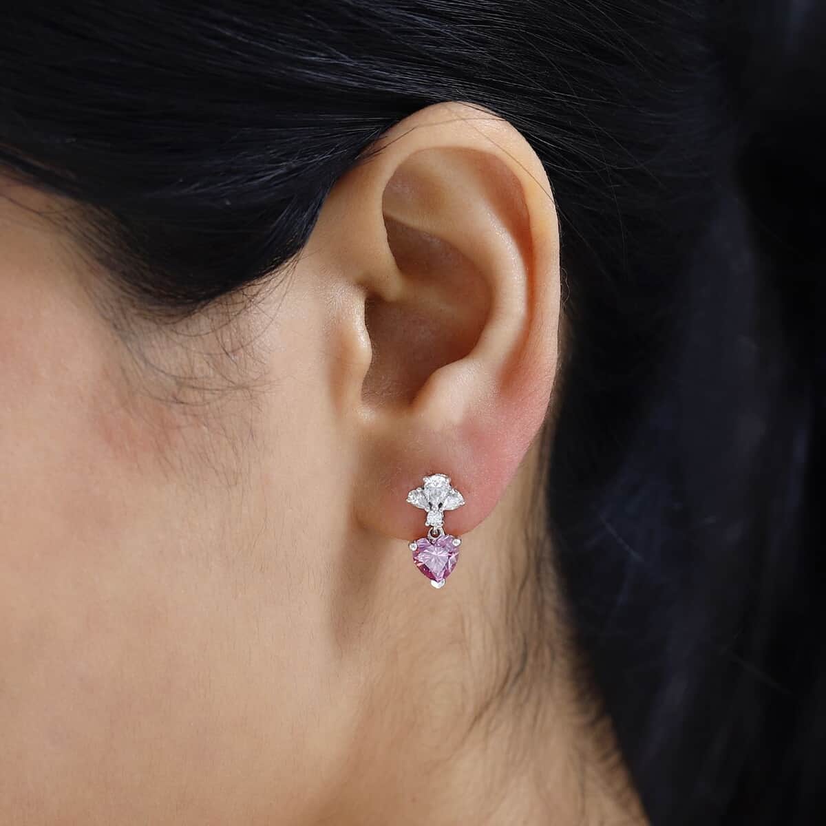 Pink and White Moissanite Dangling Earrings in Platinum Over Sterling Silver 2.30 ctw image number 2