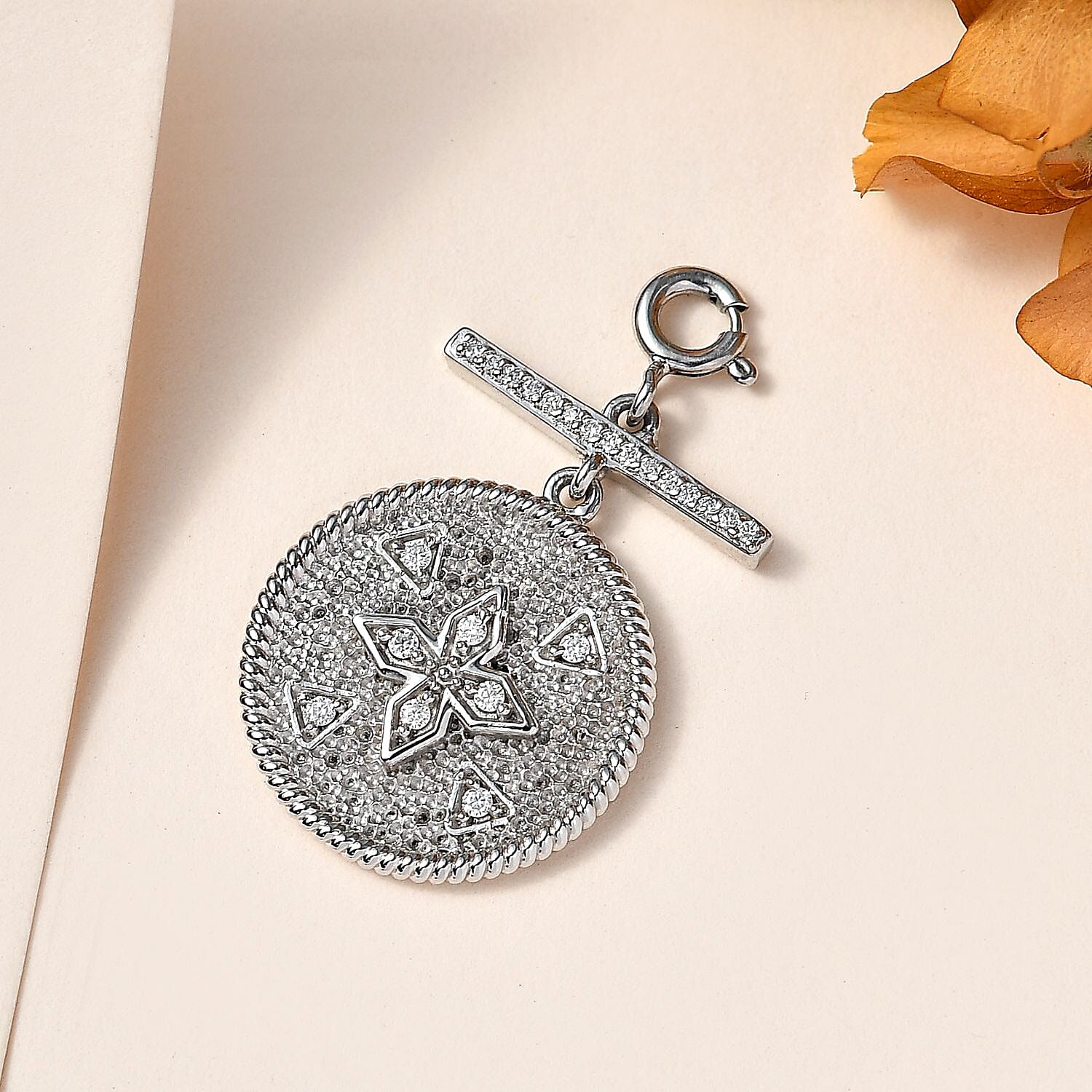 Moissanite Clover Medallion Charm in Platinum Over Sterling Silver 0.30 ctw