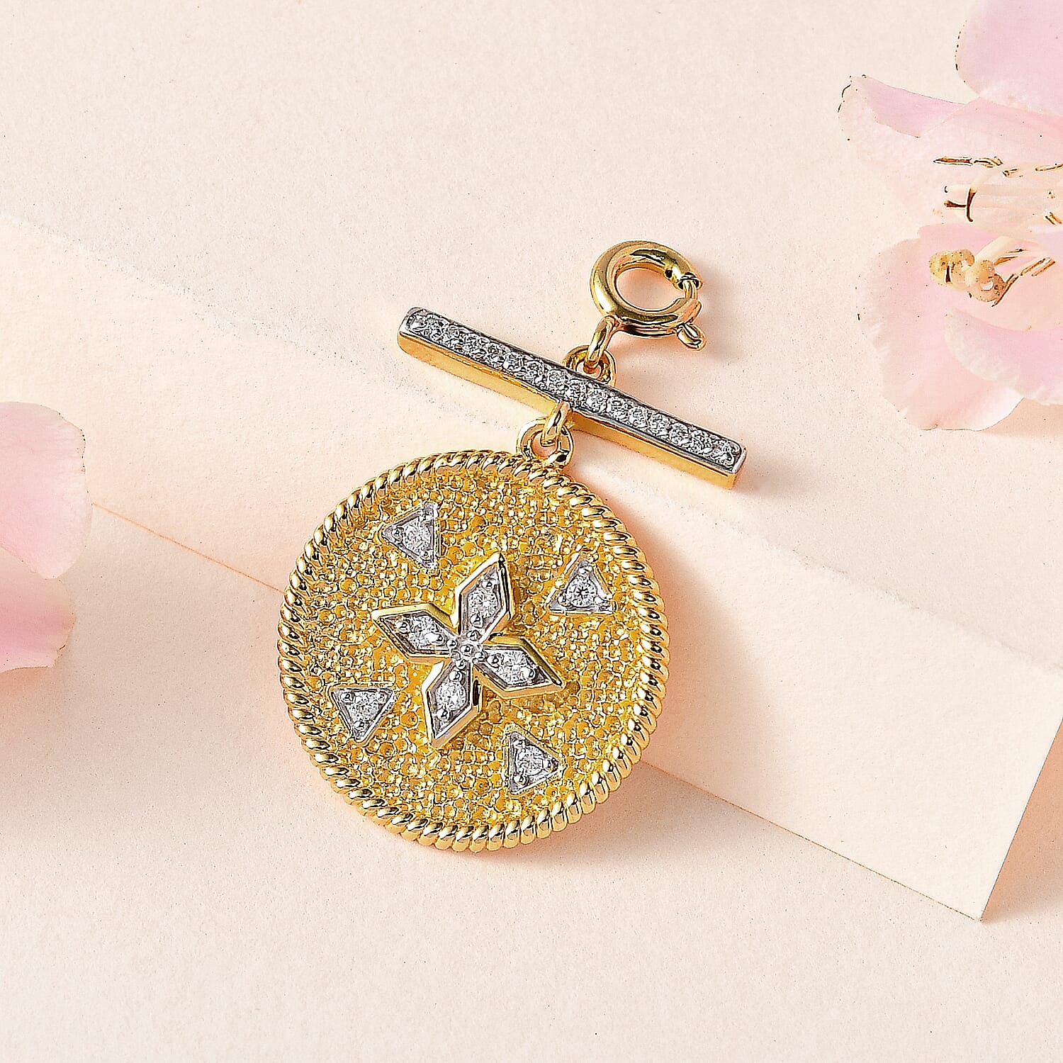 Moissanite Clover Medallion Coin Charm in Vermeil Yellow Gold Over Sterling Silver 0.30 ctw