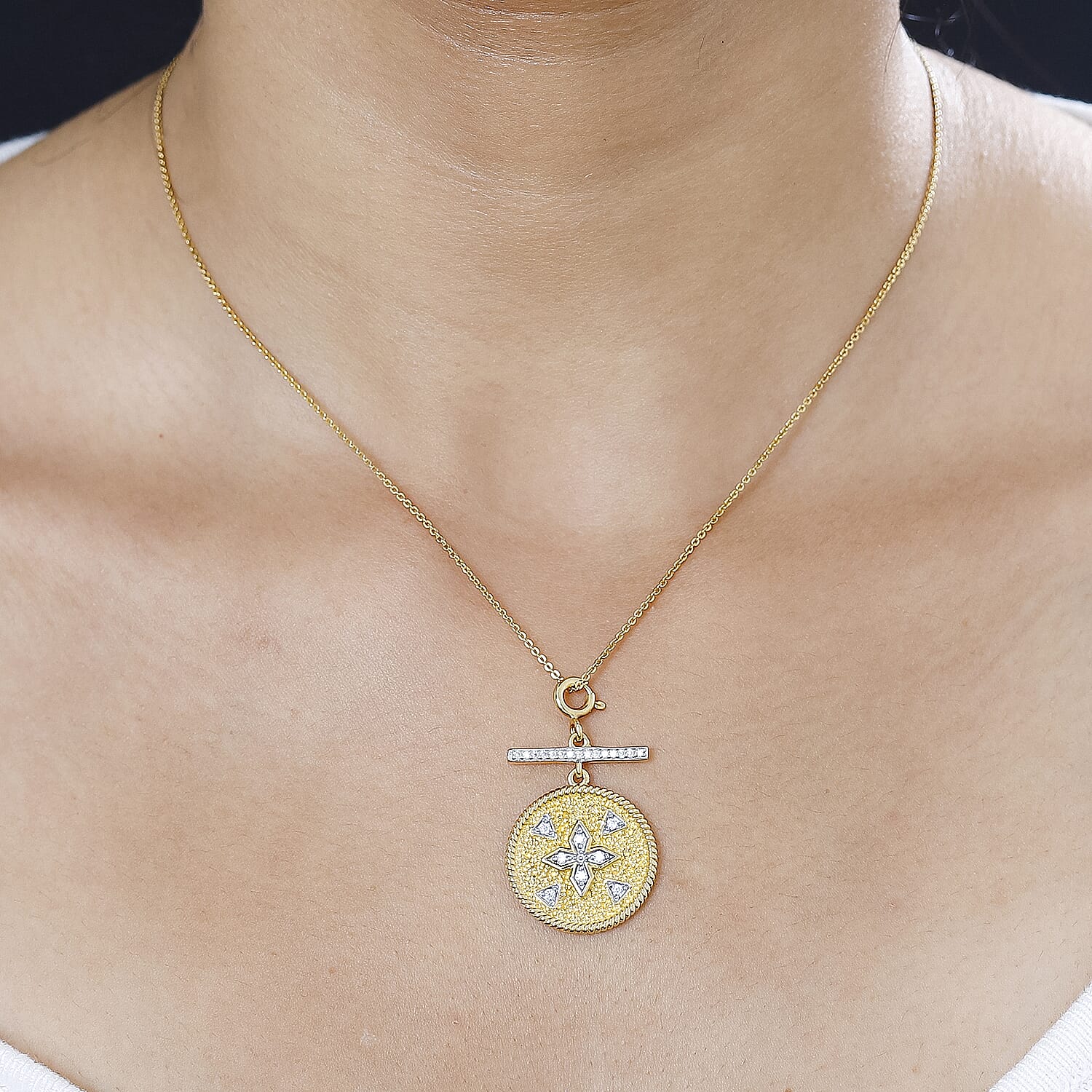 Moissanite Clover Medallion Coin Charm in Vermeil Yellow Gold Over Sterling Silver 0.30 ctw