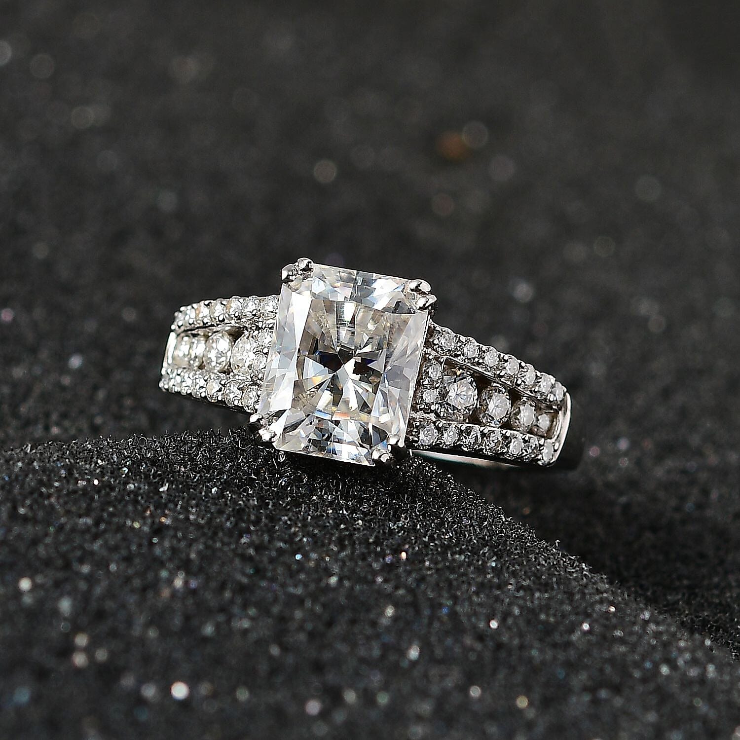 Radiant Cut Moissanite Ring in Platinum Over Sterling Silver (Size 10.0) 3.00 ctw
